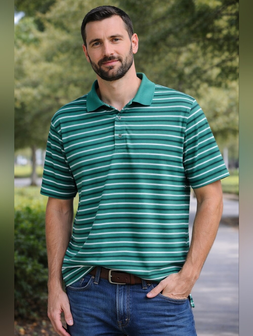 PGA Tour Teal, Striped Polo. Size L